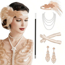 5PCS 1920s Gold Accessories Flapper Great Gatsby Vintage Retro Costume Set NEW picture