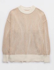 NWT Aerie Ribbed Chenille Knit Sweater XS Tan Cream Striped Balloon Sleeve picture
