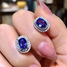 7.20Ct Oval Cut Natural Blue Tanzanite & Diamond 14K White Gold stud Earring picture
