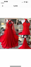 Red Lace Halter Backless Long A-Line Gown Sleeveless Solid Women 2XL picture