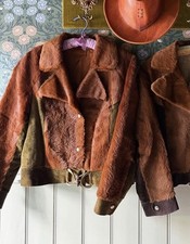 RARE Vintage 1970s Cropped Rancher Jacket M M/L Brown Green Suede Brown Fur Hide picture
