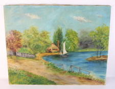 Antique Oil Painting House Sailboat River Landscape Signed E. Gillson picture