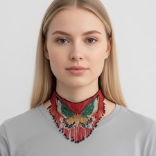 Vintage Handcrafted Seed Bead Fringe Choker Necklace Red & Green Butterfly Motif picture