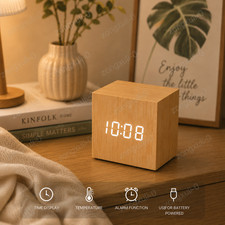 Wooden LED Digital Alarm Clock Time Temperature Calendar Display USB Desk Clock picture