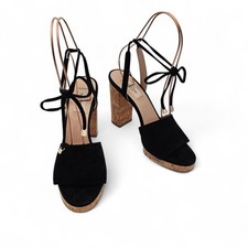 Valentino Garavani Cork Ankle Tie Heel Plaform Sandal Black Suede Size 39 US 9 picture