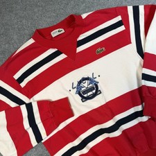 Vintage Lacoste Sweater Mens Medium Red Stripe Nautical Crest Logo Pullover picture