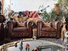Vintage Cigar Brown Buffalo Leather Chesterfield Chairs Kensington Tufted set picture