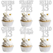 36Pcs Happy 13th Birthday Cupcake Toppers Silver Glitter Thirteen Straight Ou... picture