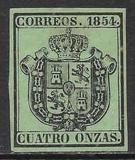 SPAIN SCOTT O3 MNG VF - 1854 4c BLACK/GREEN OFFICIAL ISSUE - COAT OF ARMS picture