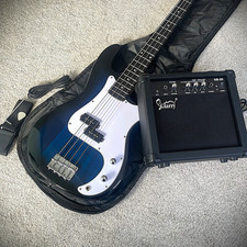 Full-Size Blue Electric Bass Guitar Starter Package with 20w Amp and Accessories picture