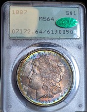 1887 $1 Morgan Silver Dollar PCGS MS64 Rainbow Toned Coin CAC Rattler Holder OGH picture