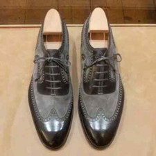 Handmade Gray & Black Leather & Suede Oxford Lace Up Wingtip Dress Shoes For Men picture