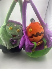Vtg NOS Gemmy 2 Talking Halloween Plush Trick Treat Pumpkin Frankenstein Bag picture