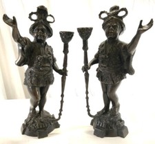 2 Vintage Heavy Blackamoor Young Boy Statue Candlestick Brass 16” Height Antique picture