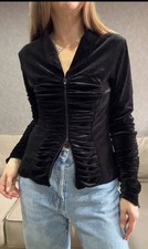 Vintage Anne Fontaine France Black Velvet Ruched Front & Sleeve Double Zip Top picture