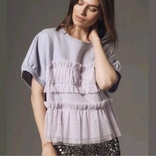Maeve Anthropologie Purple Tulle Shimmer Puffed Sleeve Tee sz L picture