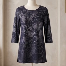 Chico's Easywear 2 Paisley Foil Shine Jacquard 3/4 Sleeve Top Purple Luxe NWT picture