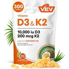 VEV Vitamin D3 10000IU K2 MK7 200mcg Coconut Oil Bone Immune Support 300 Count picture
