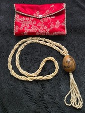 Vintage 1986 Chinese Lanzhou Etched Gourd Scrimshaw Pendant Multi Strand Necklac picture