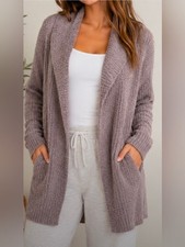 Barefoot Dreams CozyChic Lite Taupe Open Front Cardigan Shawl Collar Small picture