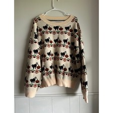 ROMWE XL Halloween Cat Pumpkin Knit Sweater Cream Black Orange Fall Pullover picture