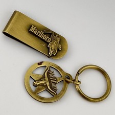 Vintage Marlboro Money Clip Keychain Set Brass Tone Cowboy Longhorn Star Promo picture
