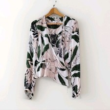 Milly Kia Silk Blouse Size 10 Green White Pink 100% Wrap Peplum Floral Top picture