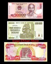 500,000 Zimbabwe Dollars 50,000 Vietnam Dong & 25, 000 New Iraqi Dinar Unc Notes picture