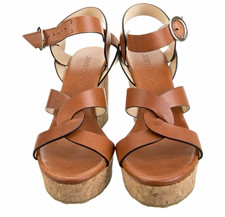 Jimmy Choo Women’s Brown Leather Wedge Sandals Ankle Strap Buckle 7 M picture