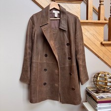 Sundance Brown Weathered Leather Double Breasted Pea Coat Jacket Women Small EUC picture