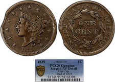 1839 1C HEAD OF '38 PCGS XF DET 