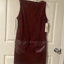 BCBG Mini Dress Burgundy Suede Faux Leather Belt NWT $139 picture