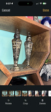 Antique Style Silver n brass Tone Metal Floral Salt & Pepper Shakers Set picture