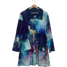 Ubu Women’s Large Reversible Watercolor Blue Long Lagenlook Coat Relaxed Fit picture