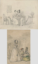 Alfred-Andre Geniole 1830s - two original signed SKETCHES - women and children picture