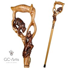Luxury Walking Stick Cane Staff Wooden Hand Carved Crafted Bear & Gazelle mens picture