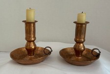 Antique Hand Hammered Solid Copper Chamberstick Candle Holders Pair Finger Loop picture