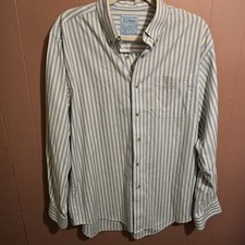 L.L.Bean Men’s Medium Regular Button Down Shirt Blue Tan Stripe 100% Cotton picture