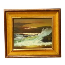 Original John Waar Oil Painting Seascape Crashing Waves Coast Sunset Dutch 1930s picture