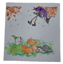 Lainey Duffy Halloween Watercolor Painting Original Dog Kitten Witch Pumpkins 14 picture