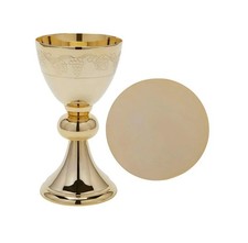 Church Gold Plated Brass Chalice & Paten, 12 Ounce, Etched Grape Vines picture
