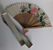 Vintage Oriental/Asian Hand Fan with Glass Topped Box Pink Tassel Beautiful  picture