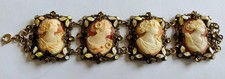 Antique Shell Cameo Bracelet 4 Panel Enamel Filigree Gold Tone AS IS 7in picture