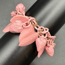 Vintage Celluloid Strawberry Leaf Charm Bracelet Pink 7in picture