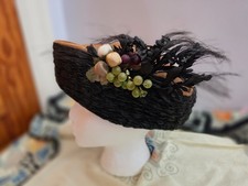Stunning Antique EDWARDIAN Woman's Hat ASYMETRICAL Straw Raffia Horsehair Grapes picture