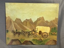 Vintage Folk Art Oil on Masonite Painting Western Scene w/ Covered Wagon   picture