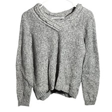Women's Gray Heathered Knit V-Neck Long Sleeve Pullover Sweater Casual Cozy picture