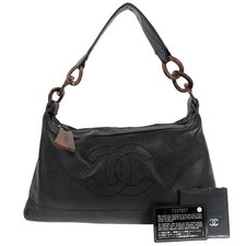 CHANEL Wood Chain Leather  Caviar Skin Hobo One Shoulder Bag Black Auth picture