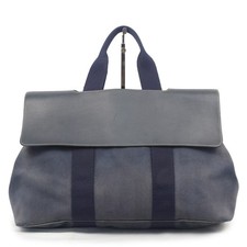 HERMES Valparaiso MM Tote Handbag Toile Chevron Leather Dark Navy Black picture