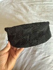 Vintage 1950/60s Black Checkered Pillbox Hat, Textured Mesh Ribbon Cording picture